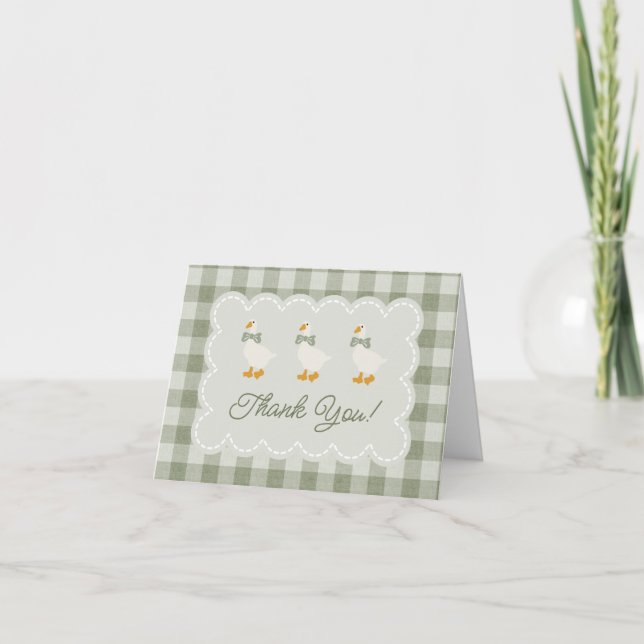 Sage Green Gingham Goose Buffalo Check Baby Shower Thank You Card (Front)