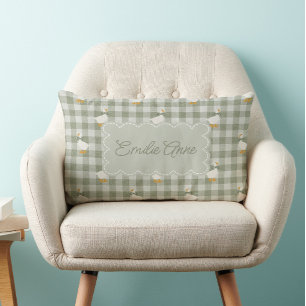 Sage Green Gingham Goose Buffalo Check Custom Name Lumbar Cushion