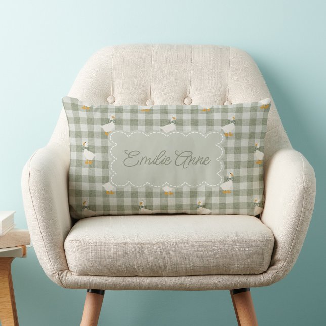 Sage Green Gingham Goose Buffalo Check Custom Name Lumbar Cushion (Creator Uploaded)