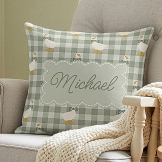 Sage Green Gingham Goose Custom Name Nursery  Cushion