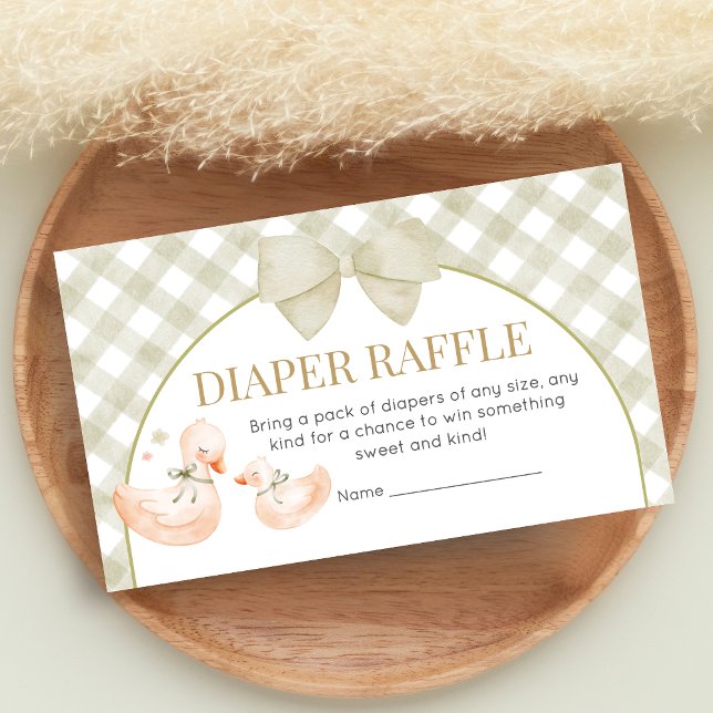 Sage Green Gingham Goose Shower Diaper Raffle Enclosure Card (Silly Goose Baby Shower Diaper Raffle)