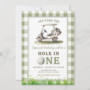 Sage Green Gingham Hole in One Golf Boy Birthday Invitation