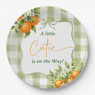 Sage Green Gingham Little Cutie Baby Shower Paper Plate