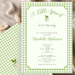 Sage Green Gingham Little Sprout Baby Shower Invitation