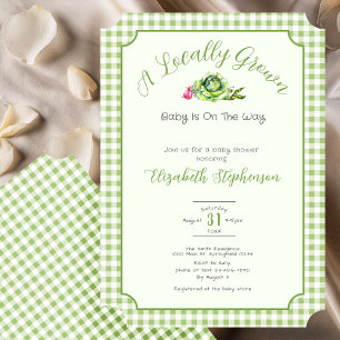 Sage Green Gingham Locally Grown Baby Shower Invitation