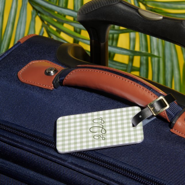 Sage Green Gingham Monogram  Luggage Tag (Front Insitu 3)
