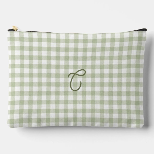 Sage Green Gingham Monogram Makeup Bag  (Front)