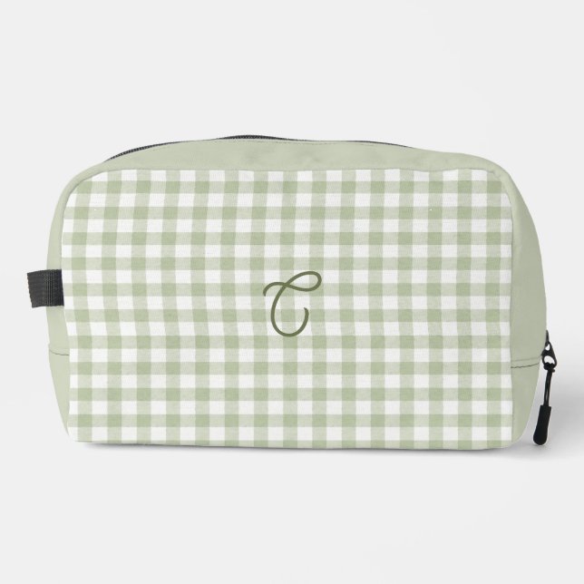 Sage Green Gingham Monogram Makeup Bag  (Front)