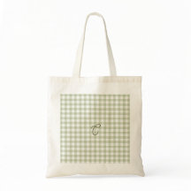 Sage Green Gingham Monogram Tote Bag