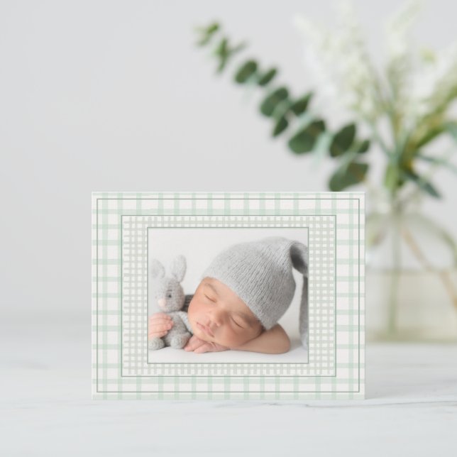 Sage Green Gingham One Photo Gender Neutral Birth Announcement Postcard (Standing Front)