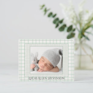 Sage Green Gingham One Photo Gender Neutral Birth Announcement Postcard