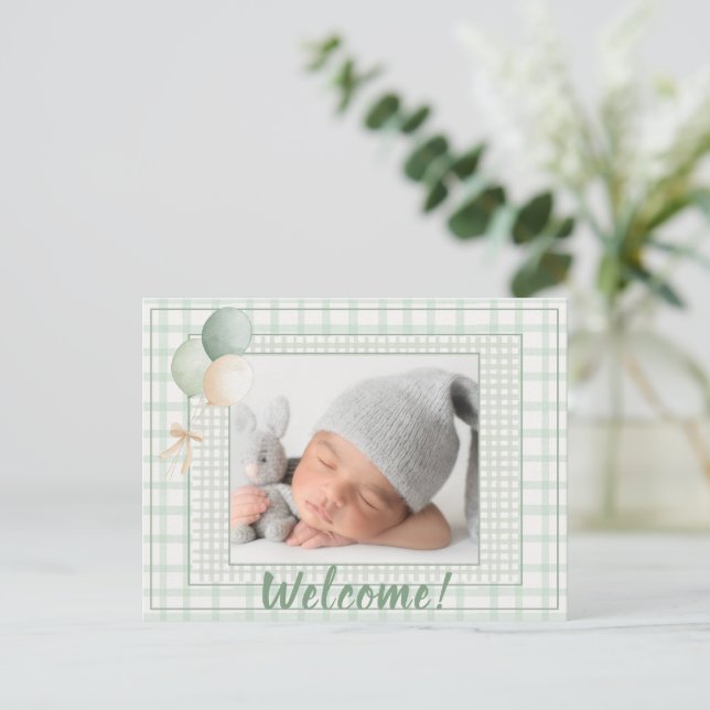 Sage Green Gingham One Photo Gender Neutral Birth Announcement Postcard (Standing Front)