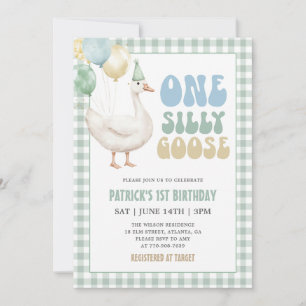 Sage Green Gingham One Silly Goose 1st Birthday Invitation