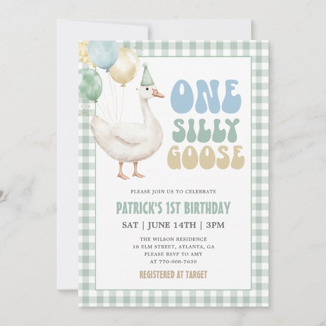 Sage Green Gingham One Silly Goose 1st Birthday Invitation (Front)