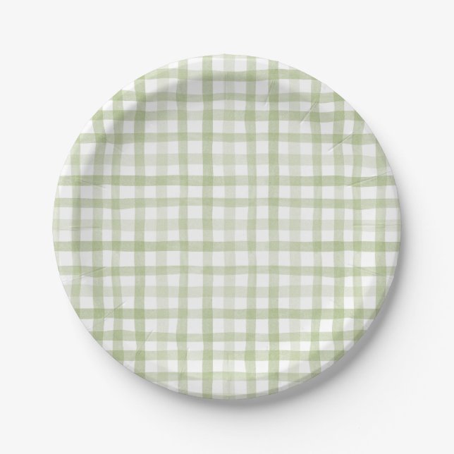 Sage Green Gingham Paper Plate (Front)