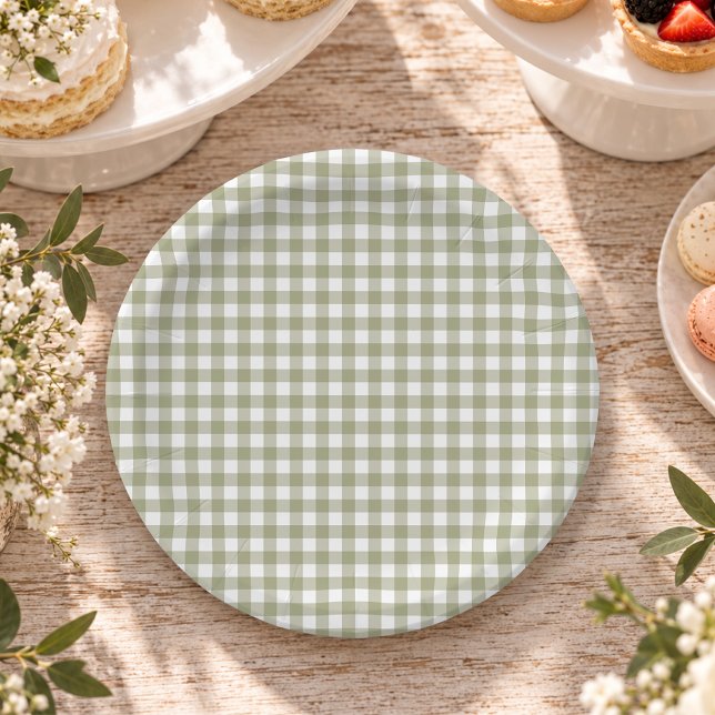 Sage Green Gingham Paper Plate (Creator Uploaded)
