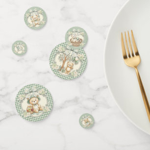Sage Green Gingham Pattern Baby Shower Teddy Bear Confetti