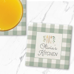 Sage Green Gingham Pattern Farmhouse Cottagecore Stone Coaster