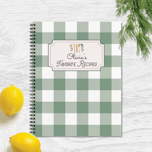 Sage Green Gingham Pattern Recipe Cookbook Notebook (In situ)