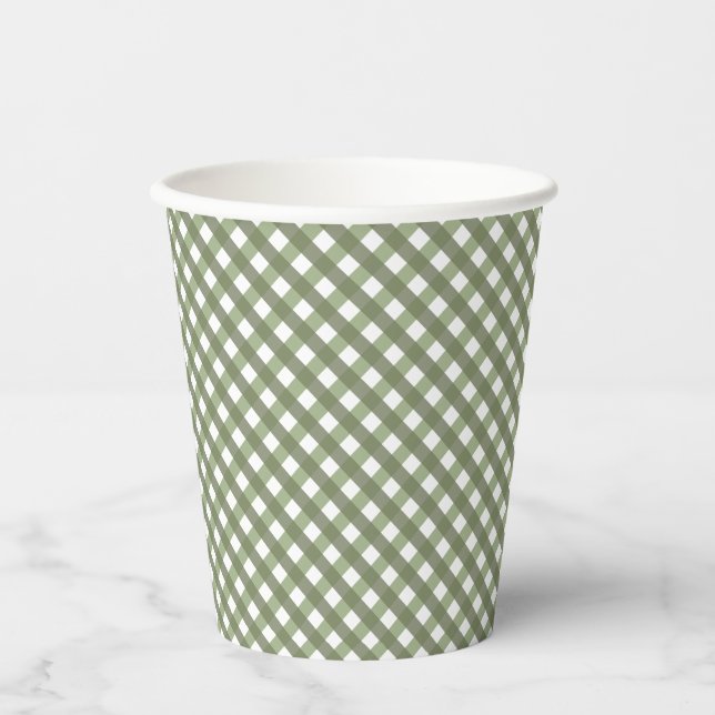 Sage Green Gingham Patterned  Paper Cups (Front)