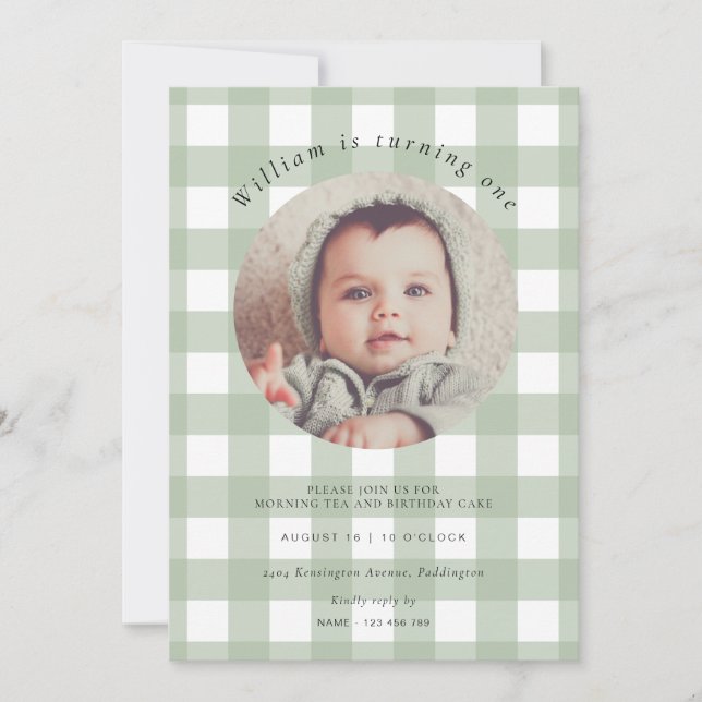Sage Green Gingham Photo Birthday Invitation (Front)