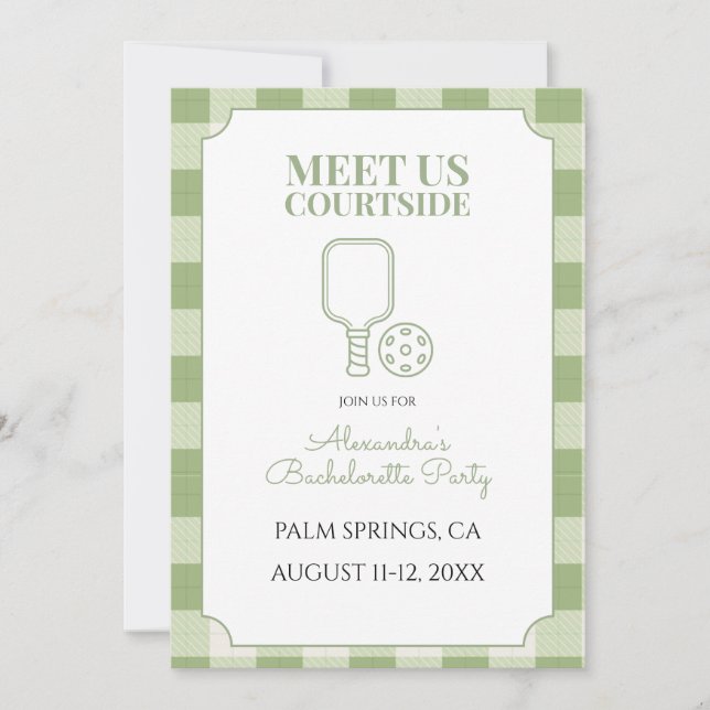 Sage Green Gingham Pickleball Bachelorette Invitation (Front)