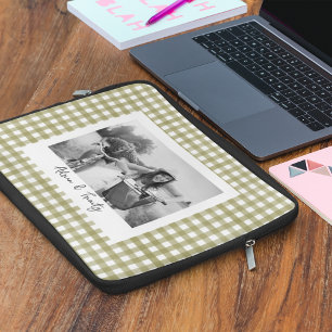 Sage Green Gingham Plaid Custom Photo Laptop Sleeve