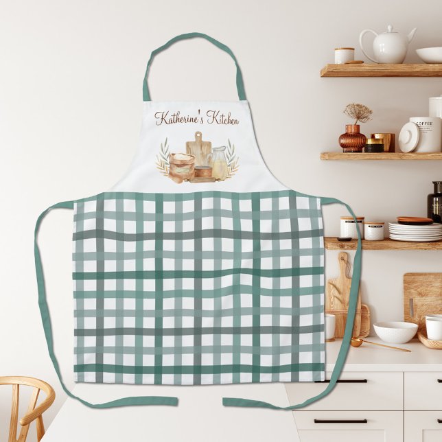 Sage Green Gingham Plaid Pattern Baking Supplies Apron (In situ)