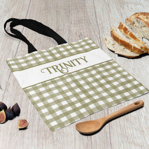 Sage Green Gingham Plaid Personalised Tote Bag