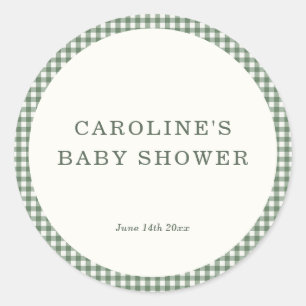 Sage Green Gingham Plaid Retro Baby Shower Classic Round Sticker