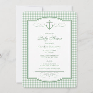 Sage Green Gingham Preppy Coastal Baby Shower Invitation