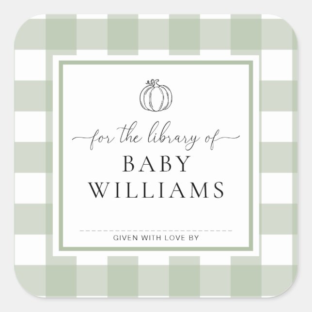 Sage Green Gingham Pumpkin Library Of Bookplate Square Sticker (Front)