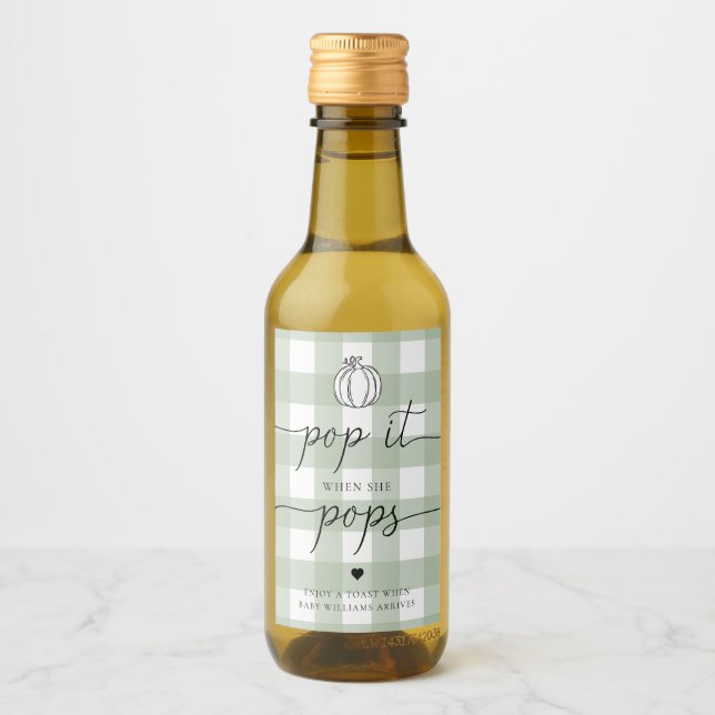 Sage Green Gingham Pumpkin Pop It When She Pops Wine Label (Front)