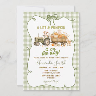 Sage Green Gingham Pumpkin Tractor Baby Shower Invitation