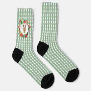 Sage Green Gingham Reindeer Christmas Stocking Socks