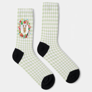 Sage Green Gingham Reindeer Christmas Stuffer Socks