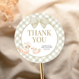 Sage Green Gingham Silly Goose Baby Shower Classic Round Sticker