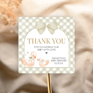 Sage Green Gingham Silly Goose Baby Shower Square Sticker