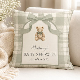 Sage Green Gingham Teddy Bear Baby Shower Cushion