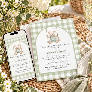 Sage green gingham teddy bear Baby Shower Invitation