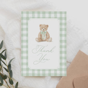 Sage Green Gingham Teddy Bear Baby Shower Thank You Card