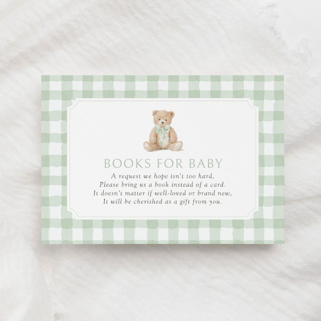 Sage Green Gingham Teddy Bear Books for Baby Enclosure Card (Creator Uploaded)