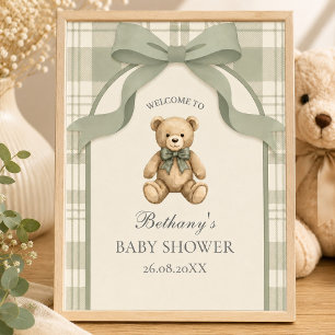 Sage Green Gingham Teddy Bear Welcome Poster