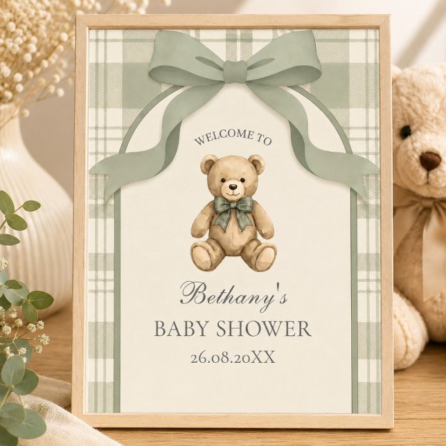 Sage Green Gingham Teddy Bear Welcome  Poster (Sage Green Gingham Teddy Bear Welcome Sign)