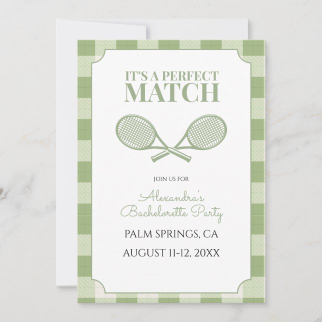 Sage Green Gingham Tennis Bachelorette Invitation (Front)