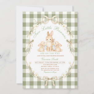 Sage Green Gingham Twins Baby Shower Invitation
