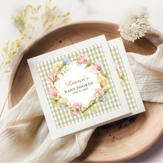 Sage Green Gingham Watercolor Floral Baby Shower Napkin