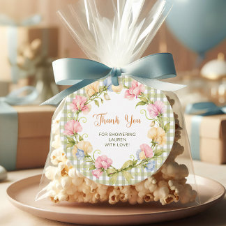 Sage Green Gingham Watercolor Floral Thank You Favour Tags