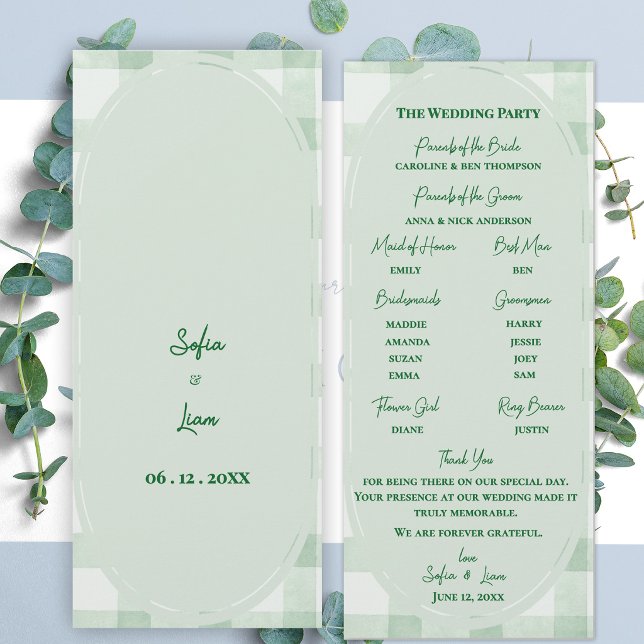 Sage Green Gingham Wedding Ceremony Program Invitation (Sage Green Gingham Wedding Program | Garden Party Ceremony Program Card)