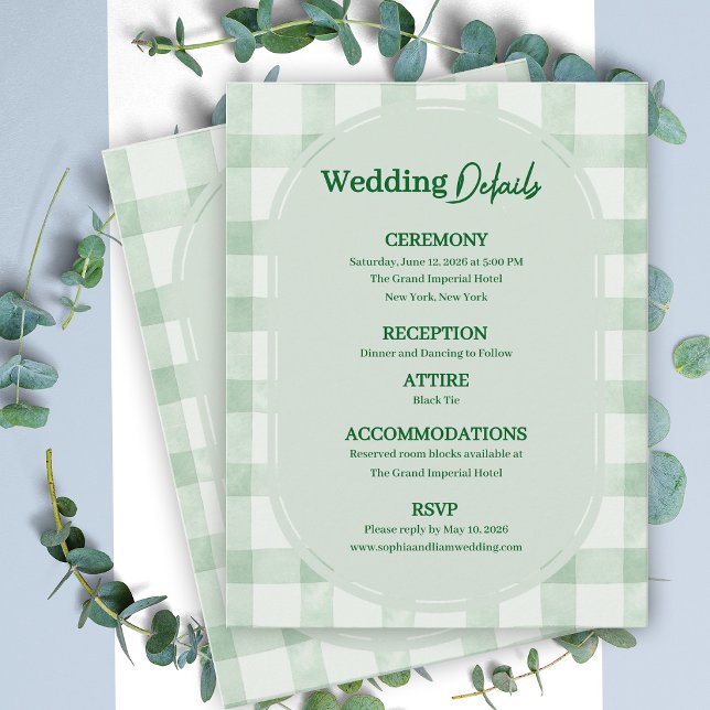 Sage Green Gingham Wedding Details Information Enclosure Card (Sage Green Gingham Wedding Details Card | Garden Party Information Card)